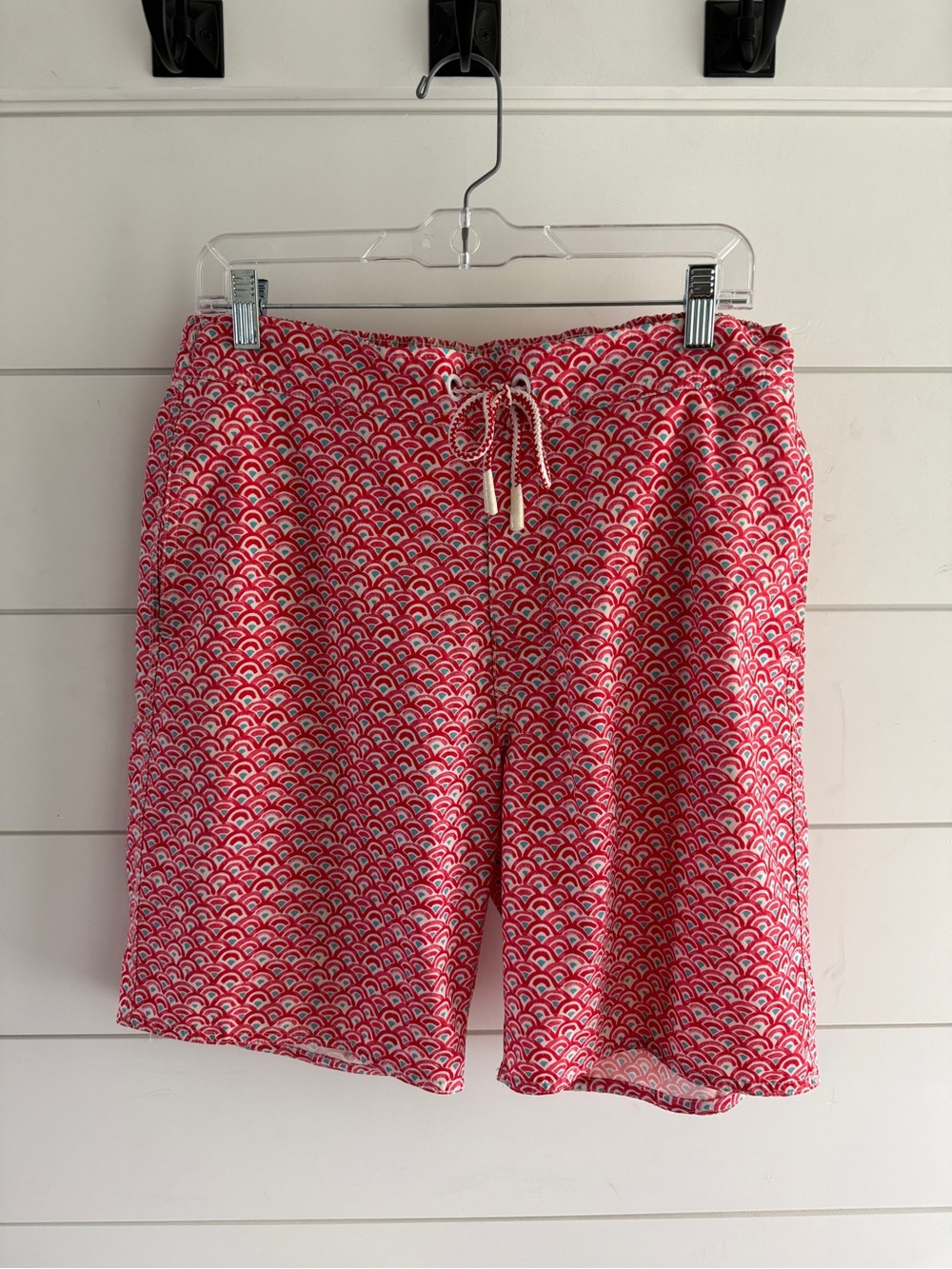 johnnie-O Red & White Geometric Swim Trunks with Drawstring